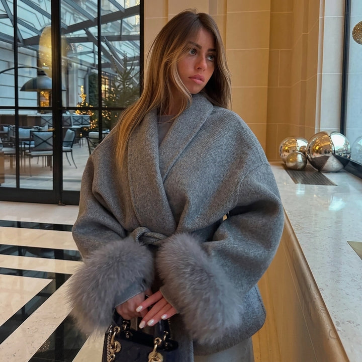 Oversized Fur Cuff Wool Coat