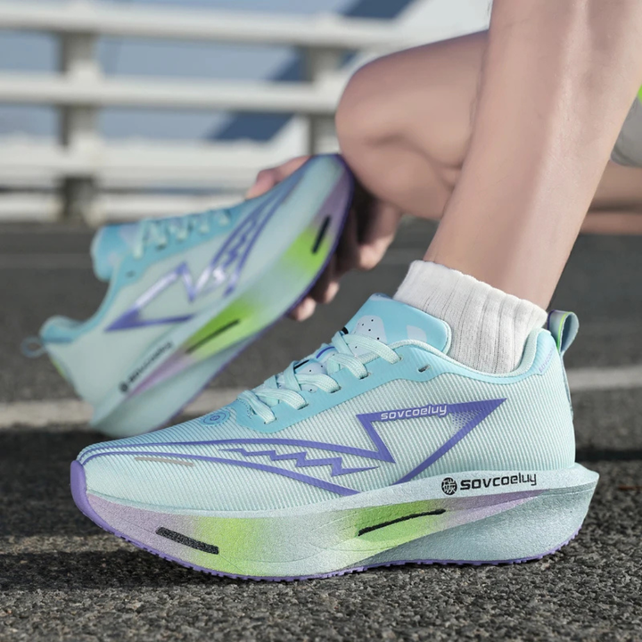 Blue Purple Apex Forge Lightweight Marathon Sneakers on a blurred outdoor background