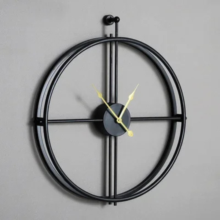 Modern Gold Black Needle Aurelle Modern Wall Clock on a gray background