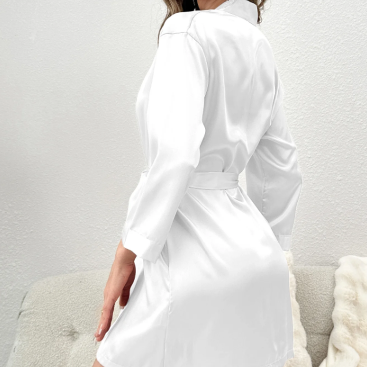 Belladonna Satin Allure Robe worn by a person on a light gray background