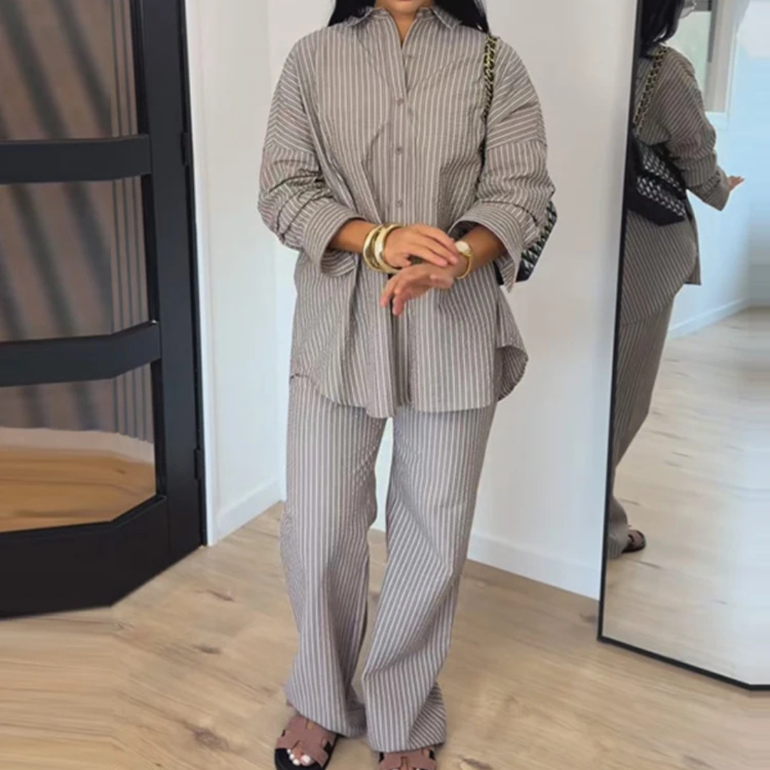 Person wearing a Gray Celeste Minimal Power Set outfit standing in front of a mirror.