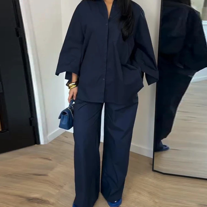 Person wearing a Blue Celeste Minimal Power Set outfit standing in front of a mirror.