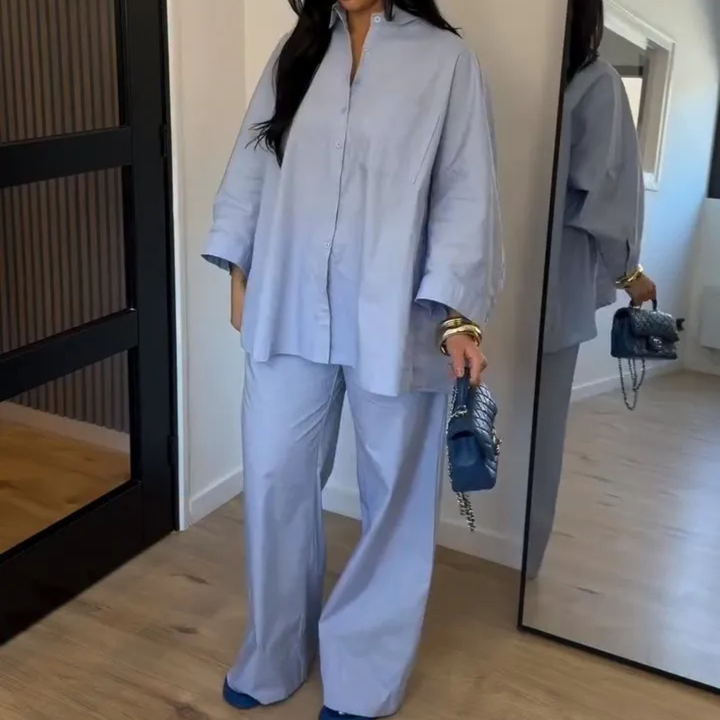 Person wearing a Light Blue Celeste Minimal Power Set outfit standing in front of a mirror.