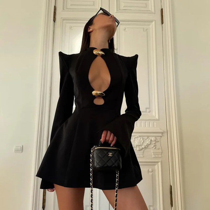 Women wearing Evelina Hollow-Out Mini Dress in a neutral background.