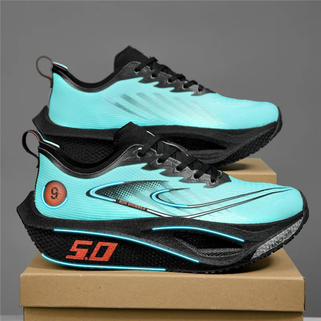 Blue Kryza Aero Pulse Marathon Sneakers on a cardboard box with a gray background