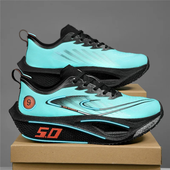 Blue Kryza Aero Pulse Marathon Sneakers on a cardboard box with a gray background
