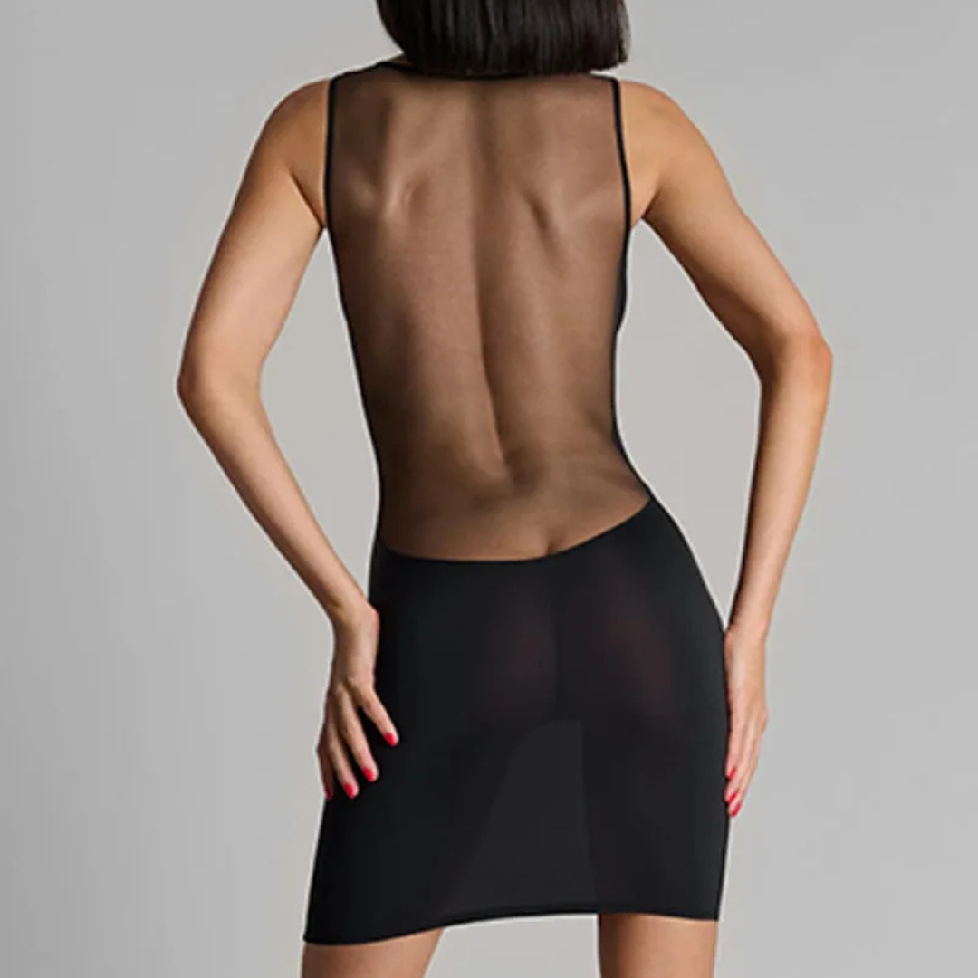 Person wearing a Lavinia Elegant Sheer Panel Dress against a gray background