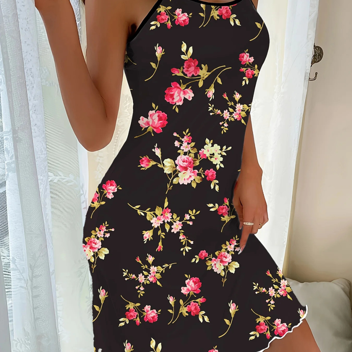 Women wearing black Lilith Bloom Halter Floral Dress in a neutral background.