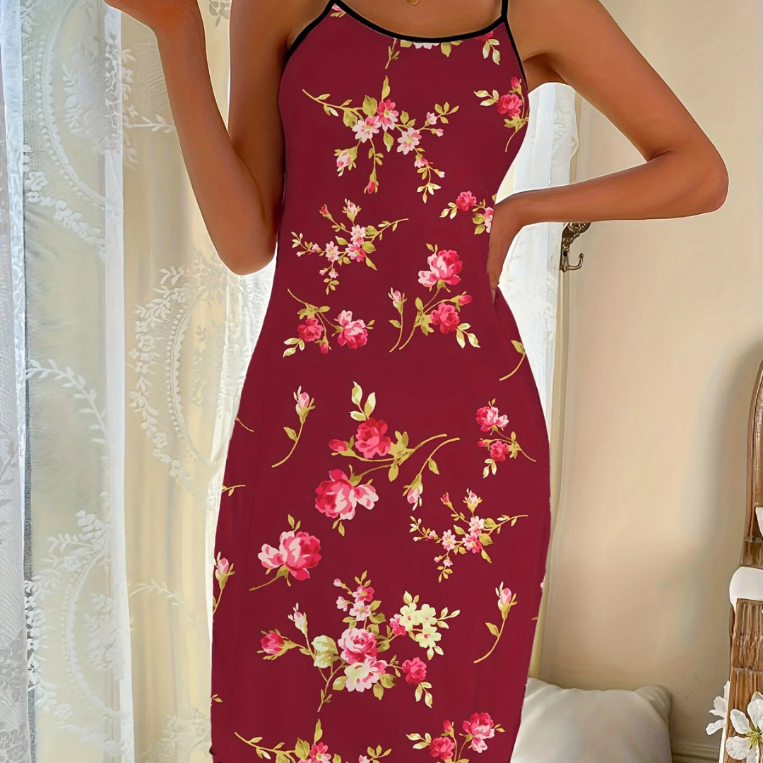 Red Lilith Bloom Halter Floral Dress on a white background