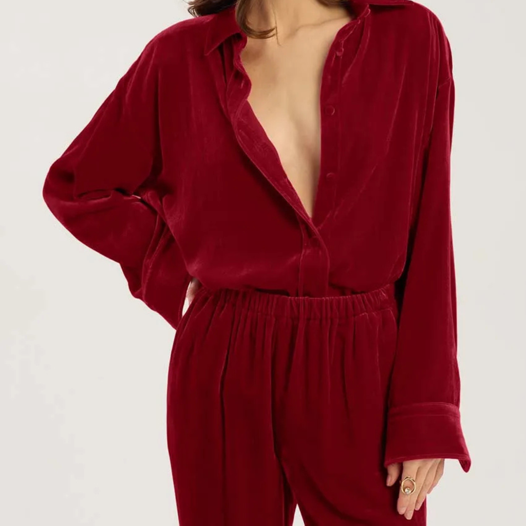Maribel Crimson Red 2-Piece Set worn by a person on a neutral background