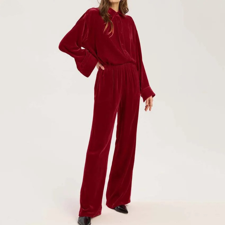 Maribel Crimson Red 2-Piece Set worn by a person on a neutral background