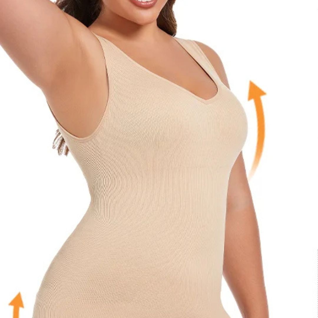 Nude shapewear garment worn by a model on a white background