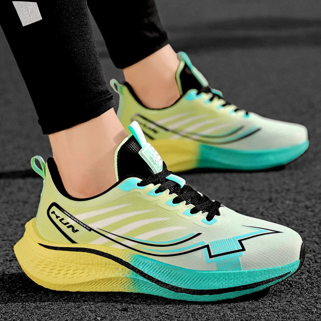 Green Phantom Stride Carbon Running Shoes worn by a person on a dark surface