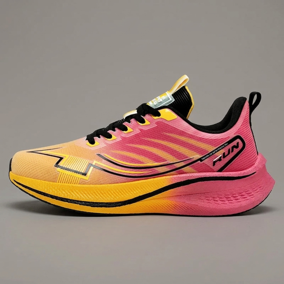 Red Phantom Stride Carbon Running Shoes on a gray background