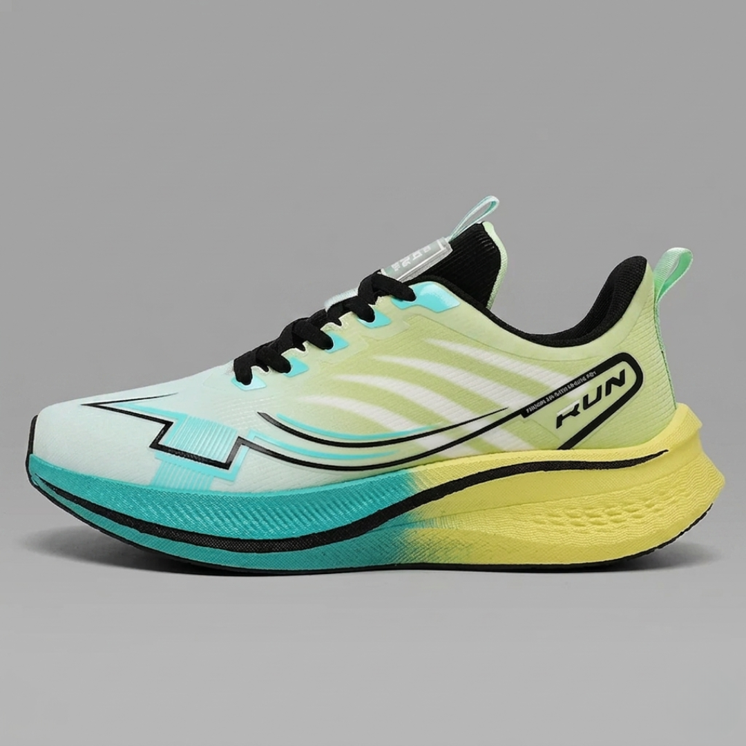 Green Phantom Stride Carbon Running Shoes on a gray background