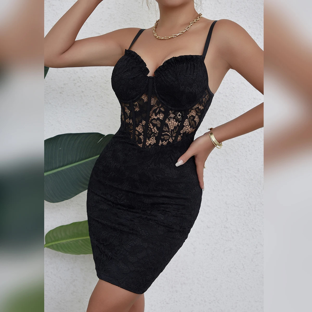 Women wearing Rosalie Sheer Lace Mini Dress in a neutral background.