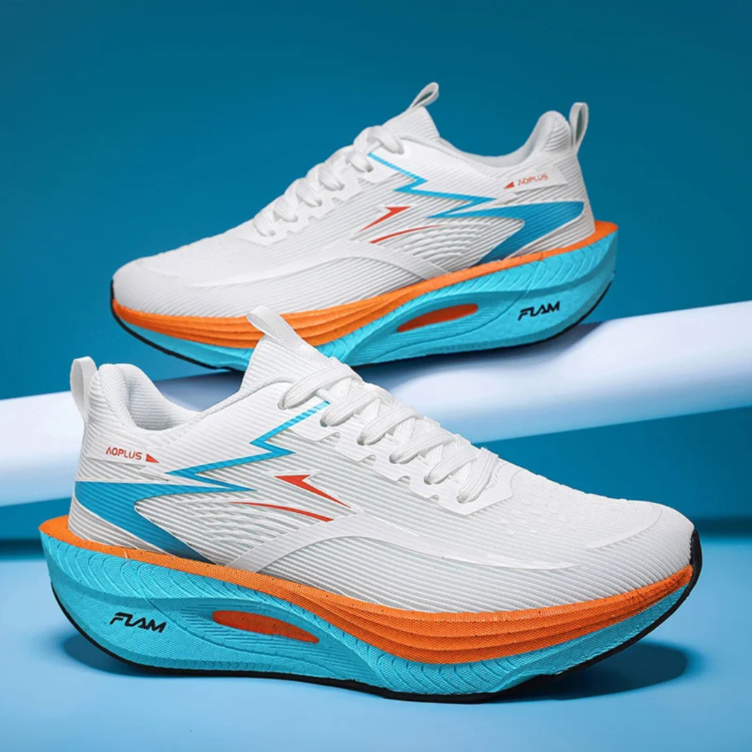 White Blue Savage Flow Carbon Support Running Shoes on a blue background