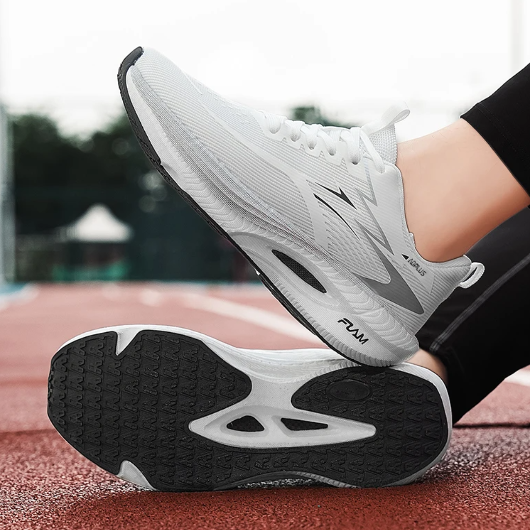 White Savage Flow Carbon Support Running Shoes on a blurred outdoor background