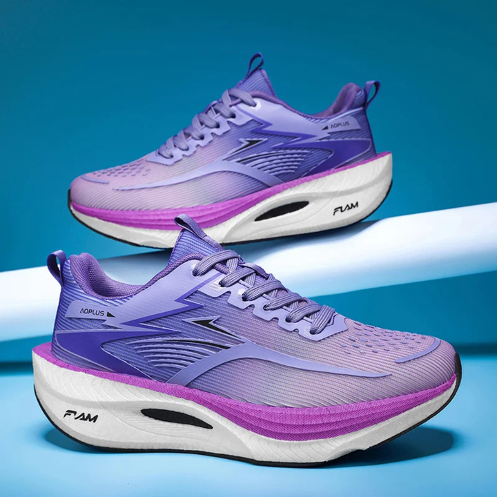 Purple Savage Flow Carbon Support Running Shoes on a blue background