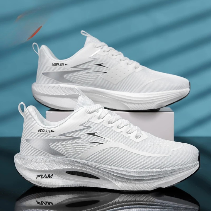 White Savage Flow Carbon Support Running Shoes on a reflective surface and blue gradient background