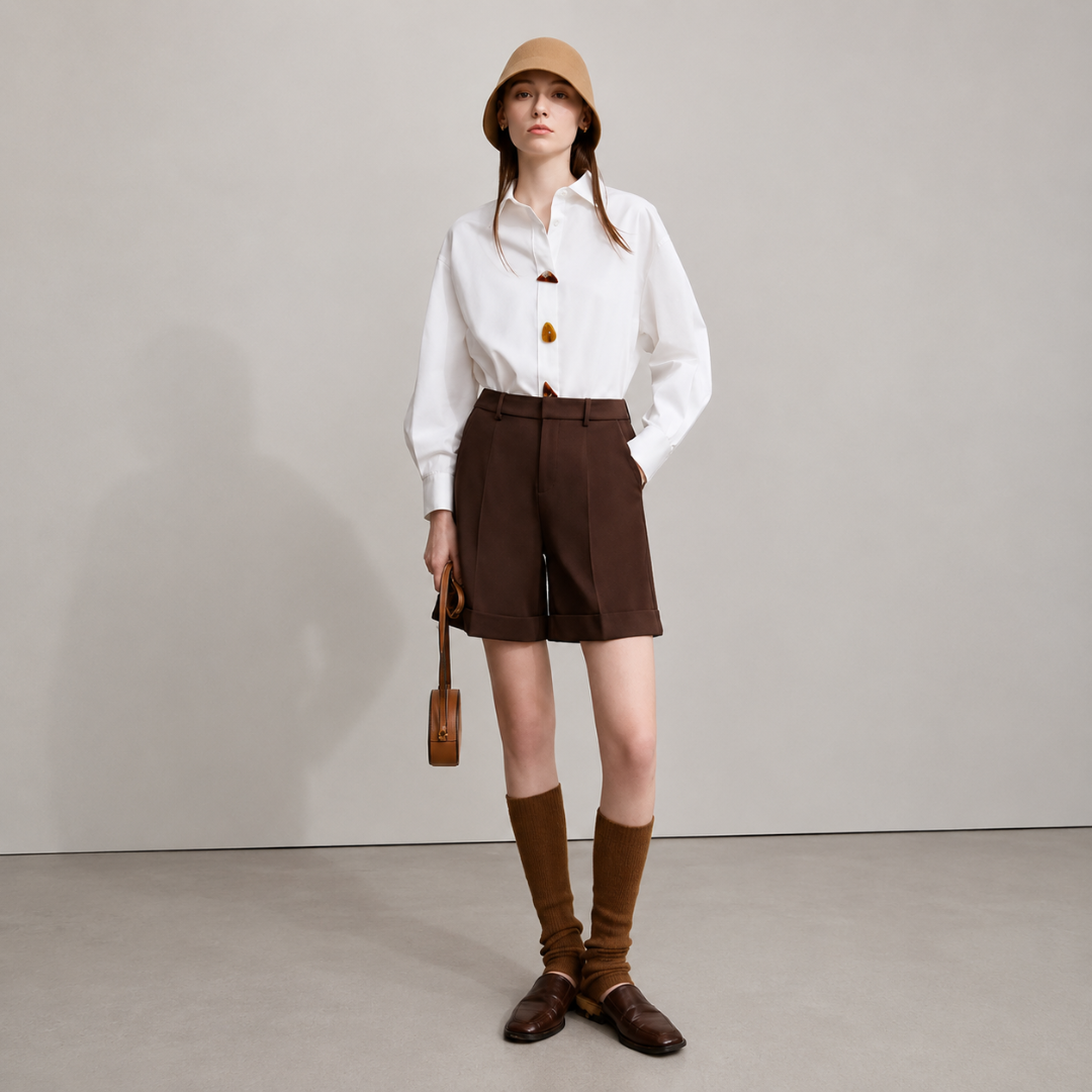 Person wearing a white shirt, brown shorts, and knee-high brown boots on a plain background
