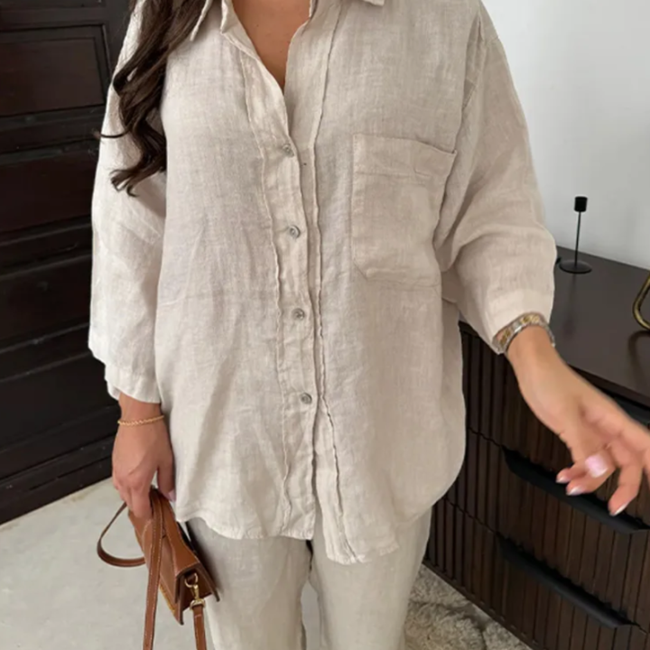 Person wearing a beige Vanta Femme Structured 2-Piece Set in an indoor setting.