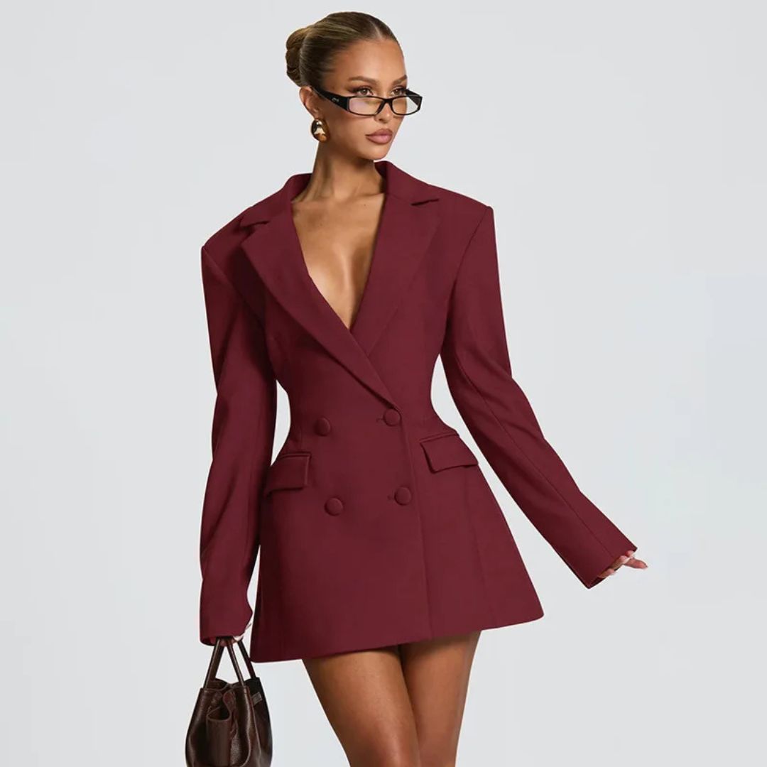 Woman wearing a burgundy blazer dress against a plain background