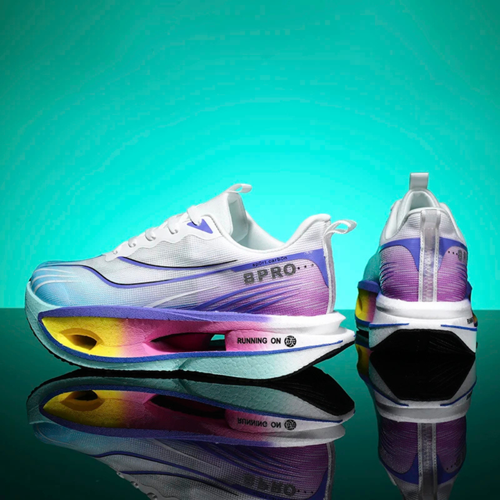 Blue Purple Vortex Strike Carbon Running Shoes on a gradient green and blue background
