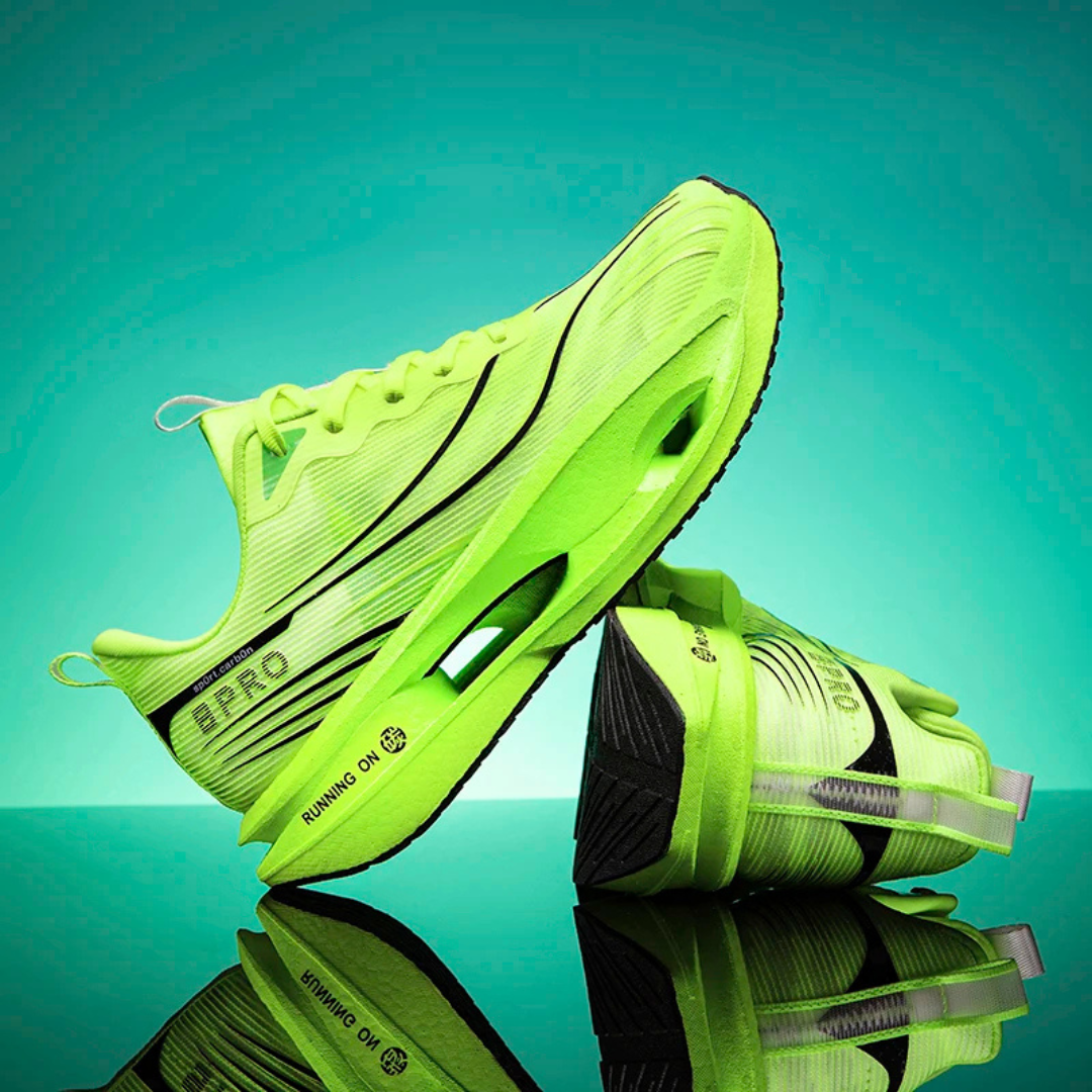 Green Vortex Strike Carbon Running Shoes on a reflective surface and teal background