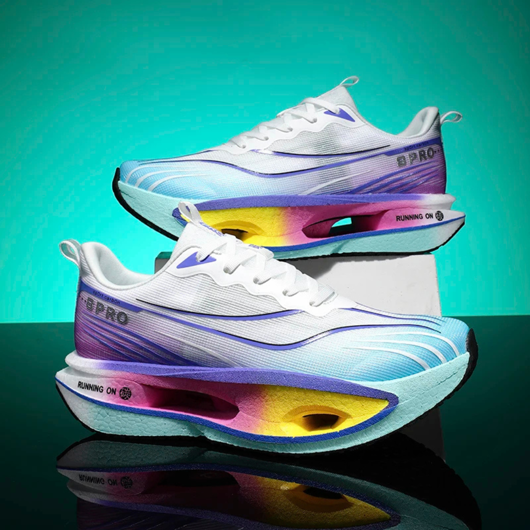 Blue Purple Vortex Strike Carbon Running Shoes on a gradient green and blue background