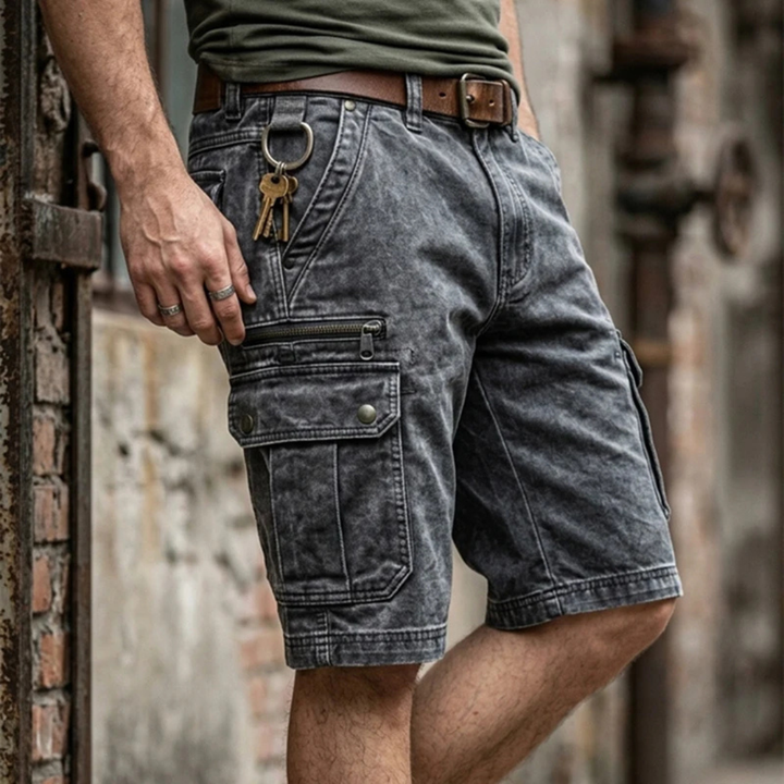 Person wearing gray cargo shorts with a key attached, standing against an industrial background.