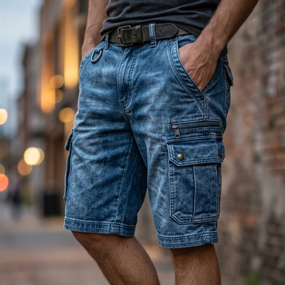 Person wearing blue denim cargo shorts on a blurred street background