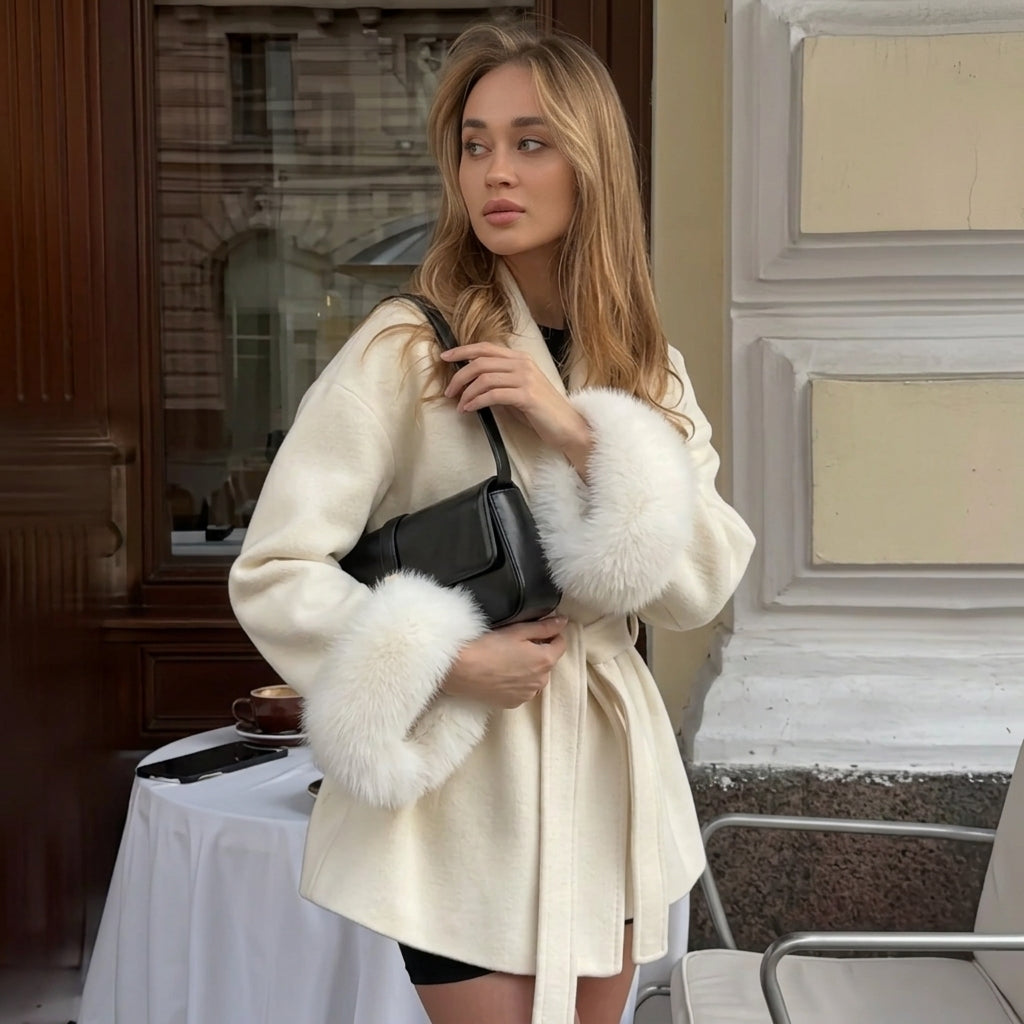 Cream Faux Fur Trim Wrap Coat