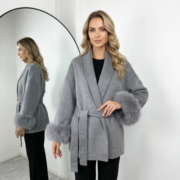 Cream Faux Fur Trim Wrap Coat