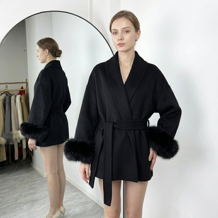 Cream Faux Fur Trim Wrap Coat