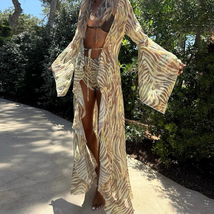 Bold allure zebra-print 3-piece swim set for women, animal print bikini with cover-up for statement beach styling