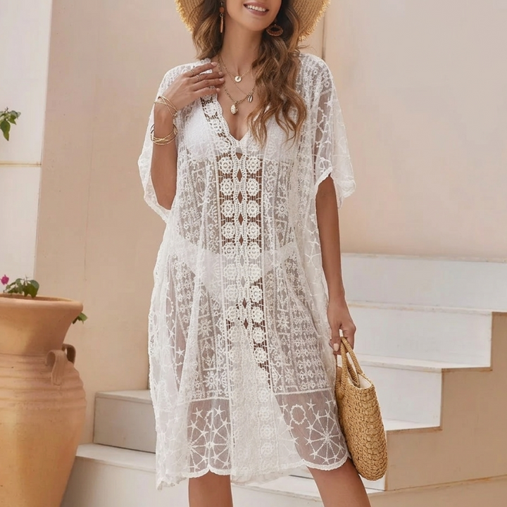 Editorial feminine knitted beach tunic for women, lightweight knit cover-up tunic for beach and resort wear