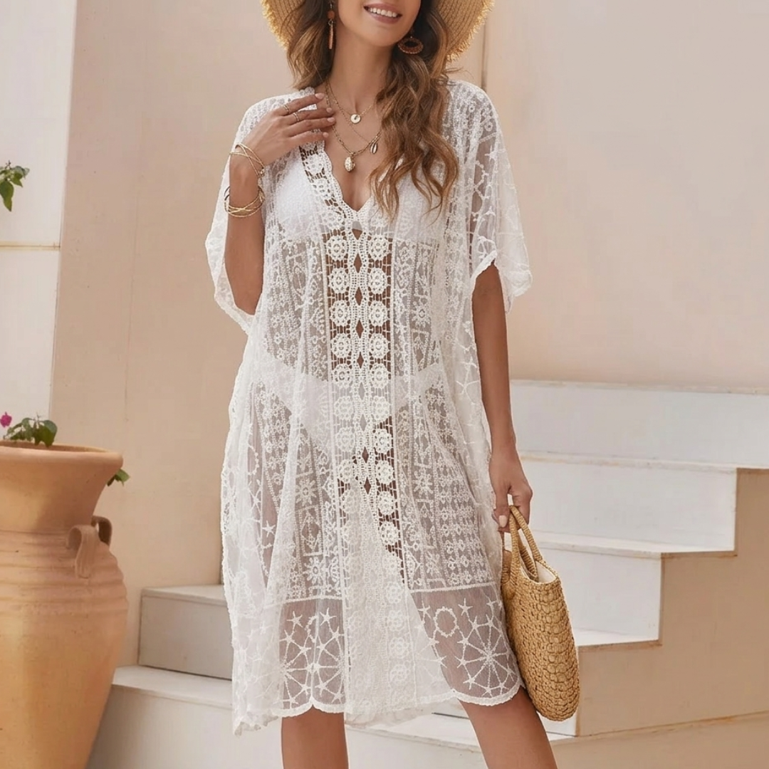 Editorial feminine knitted beach tunic for women, lightweight knit cover-up tunic for beach and resort wear