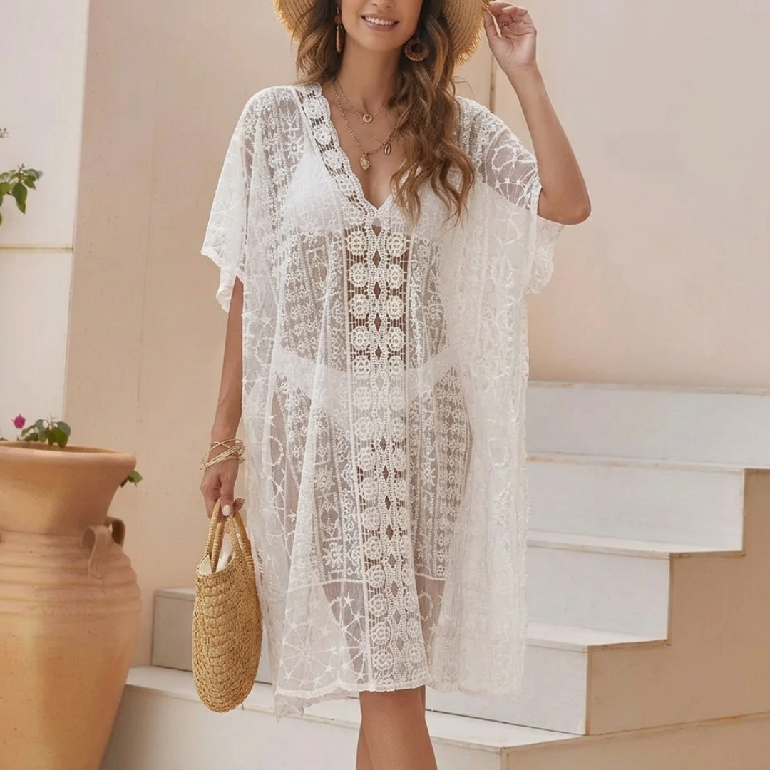 Editorial feminine knitted beach tunic for women, lightweight knit cover-up tunic for beach and resort wear