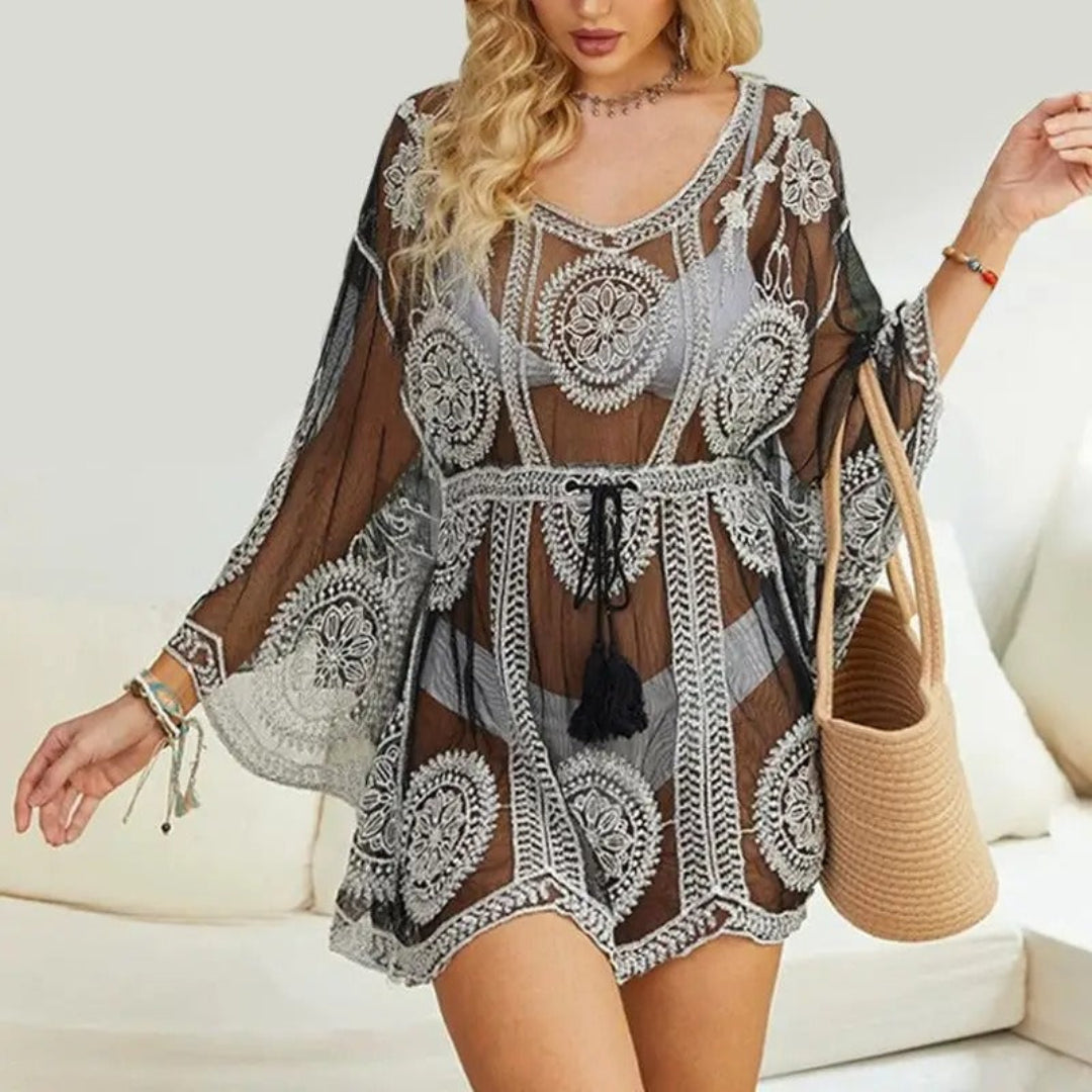 Ember muse embroidered lace-up smock top for women, boho embroidered blouse with lace-up detail for chic summer styling