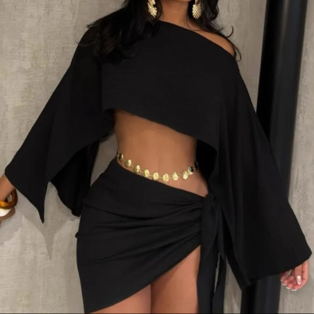 Lyra flare off-shoulder set for women, chic two-piece outfit with off-shoulder top and flared silhouette for stylish looks