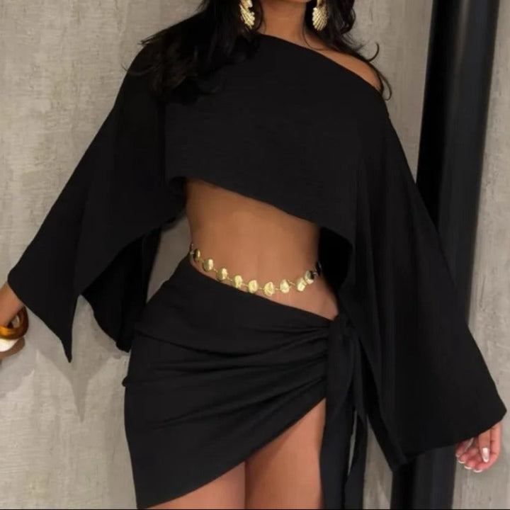 Lyra flare off-shoulder set for women, chic two-piece outfit with off-shoulder top and flared silhouette for stylish looks