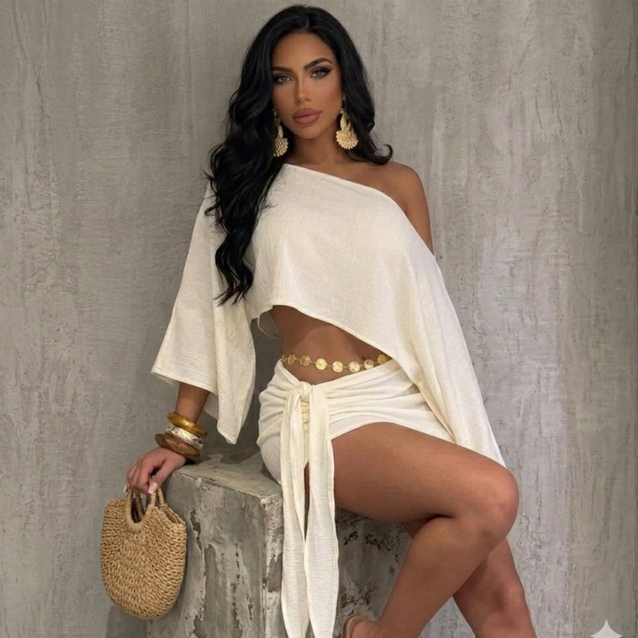 Lyra flare off-shoulder set for women, chic two-piece outfit with off-shoulder top and flared silhouette for stylish looks
