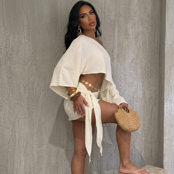 Lyra flare off-shoulder set for women, chic two-piece outfit with off-shoulder top and flared silhouette for stylish looks
