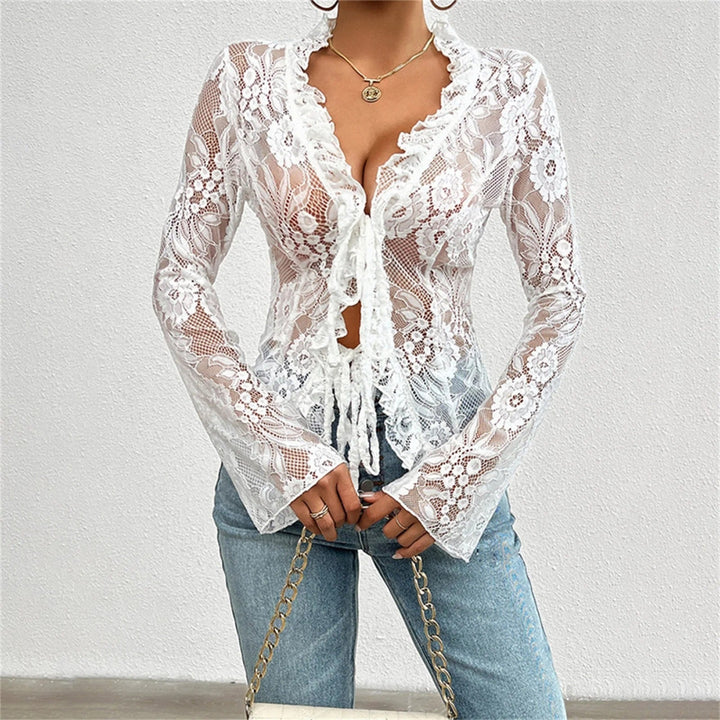 Night-out mesh lace top for women, sheer lace blouse for party, evening, and stylish going-out outfits
