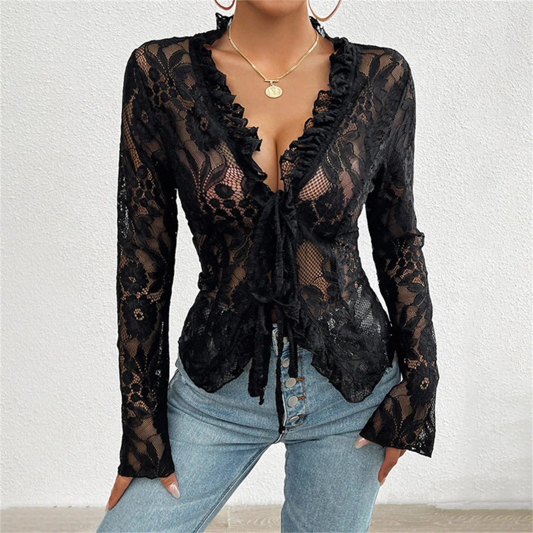 Night-out mesh lace top for women, sheer lace blouse for party, evening, and stylish going-out outfits