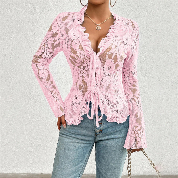Night-out mesh lace top for women, sheer lace blouse for party, evening, and stylish going-out outfits