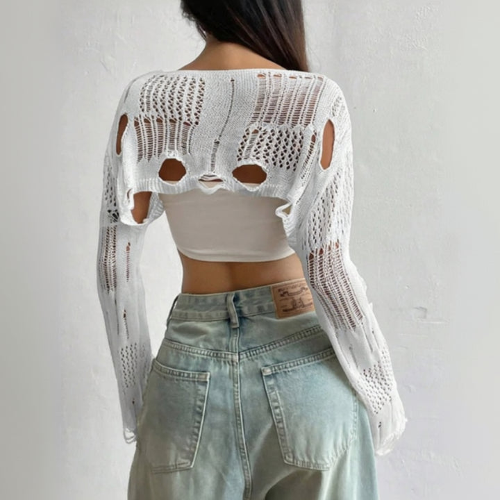 Nyx ripped halo knit top for women, distressed knit sweater for edgy streetwear and casual styling