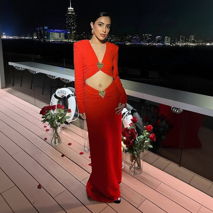 Red reign metal heart long dress for women, bold statement maxi dress with metallic detail for evening and party styling