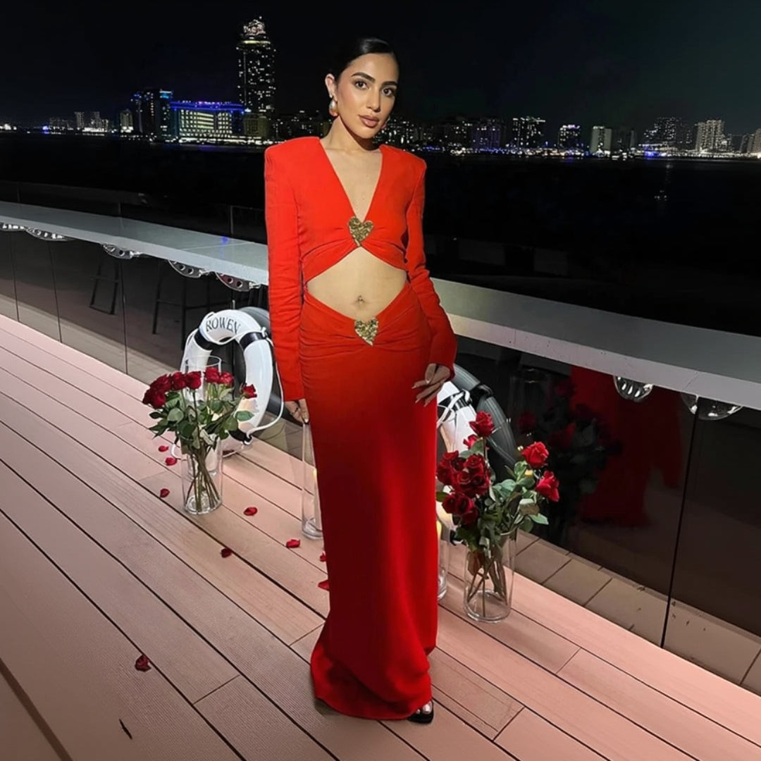 Red reign metal heart long dress for women, bold statement maxi dress with metallic detail for evening and party styling